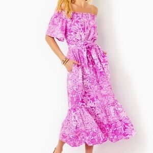 Lilly Pulitzer Isbell Off-The-Shoulder Pink Linen Midi Dress-Lilly XL NWT